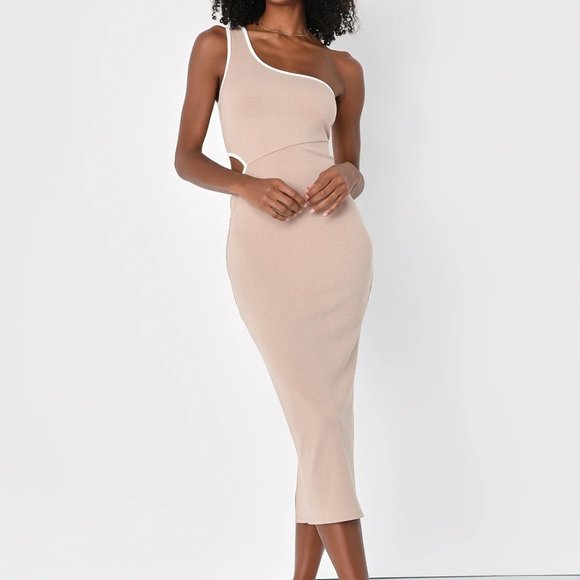 NWT Lulus Beige Color Block Ribbed One-Shoulder Midi Dress Small - Picture 1 of 7
